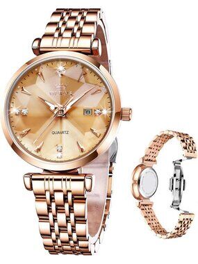 Women's Yellow Diamond Rose Gold Stainless Steel Waterproof Quartz Luxury Watch